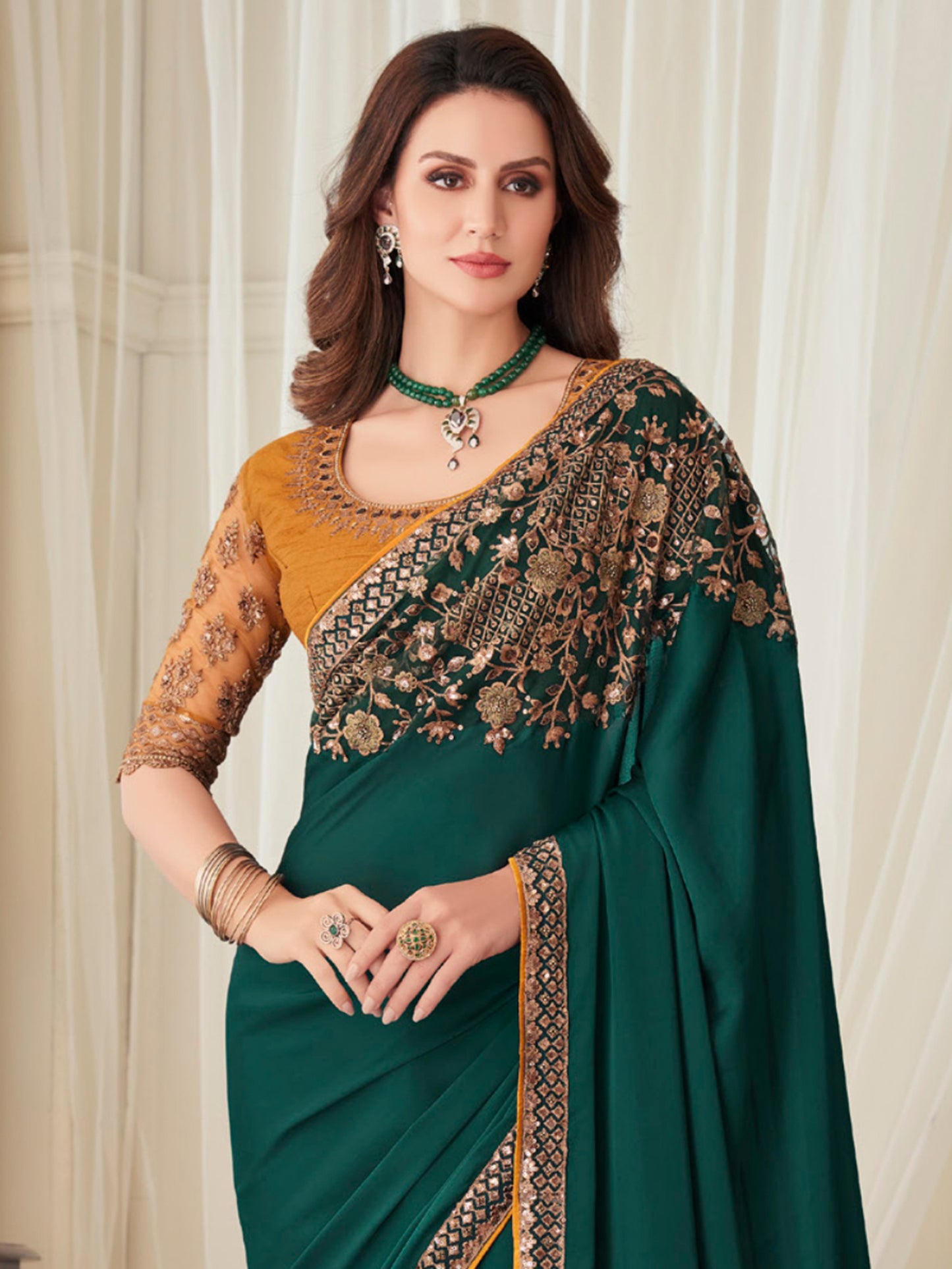 Women's Satin Silk Teal green Embellished Designer Saree With Blouse Piece