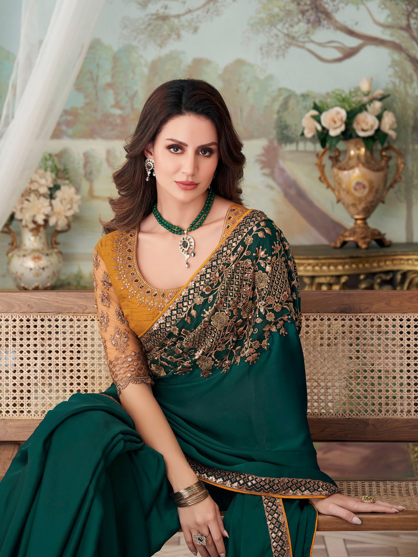 Women's Satin Silk Teal blue Embellished Designer Saree With Blouse Piece