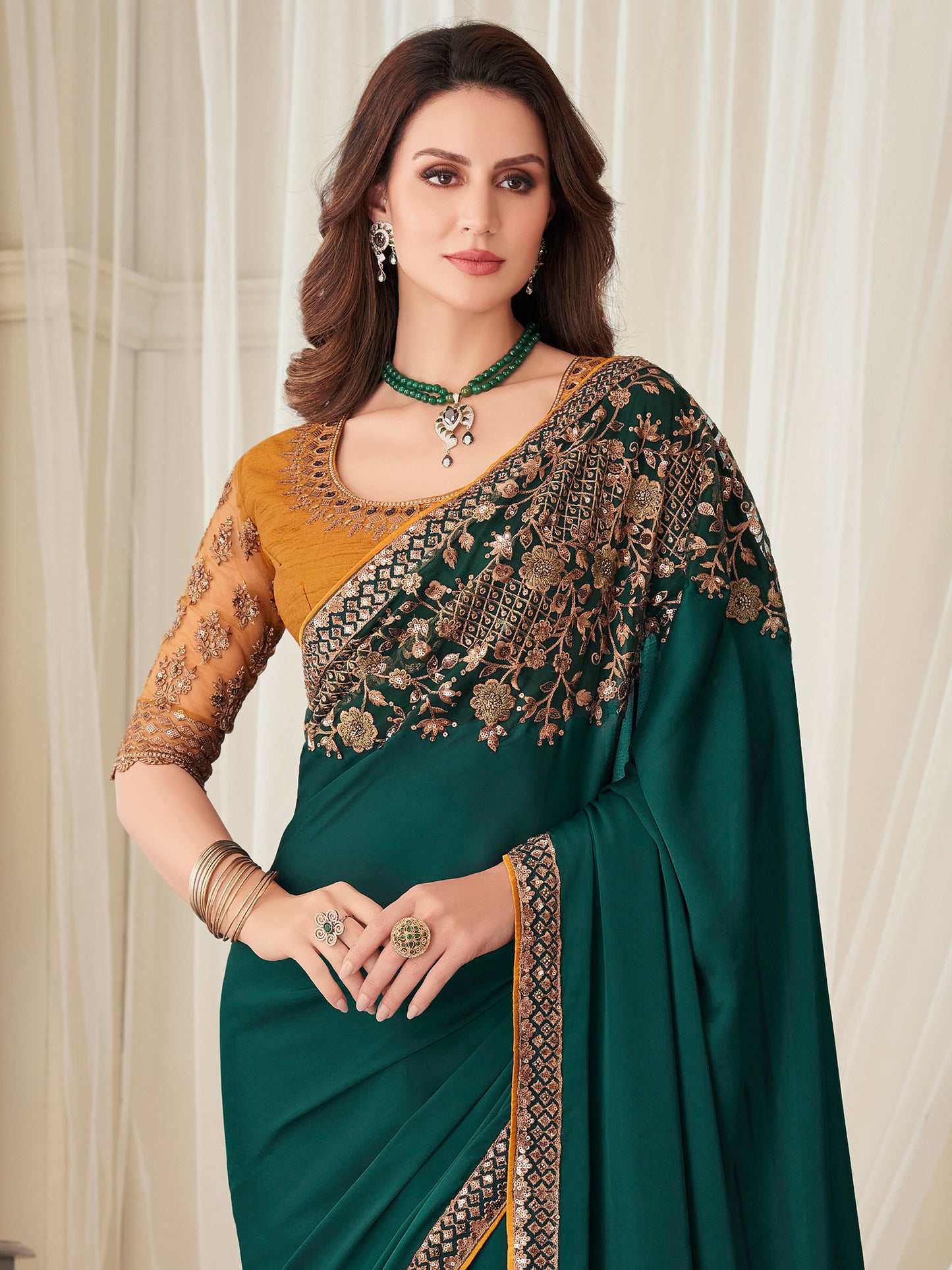 Women's Satin Silk Teal blue Embellished Designer Saree With Blouse Piece