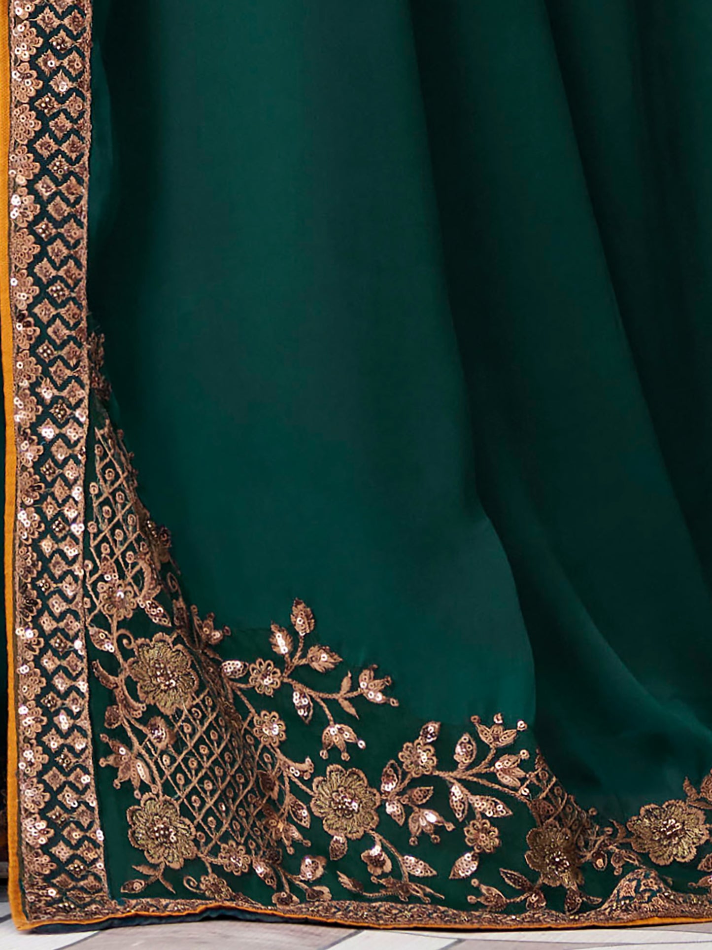 Women's Satin Silk Teal blue Embellished Designer Saree With Blouse Piece
