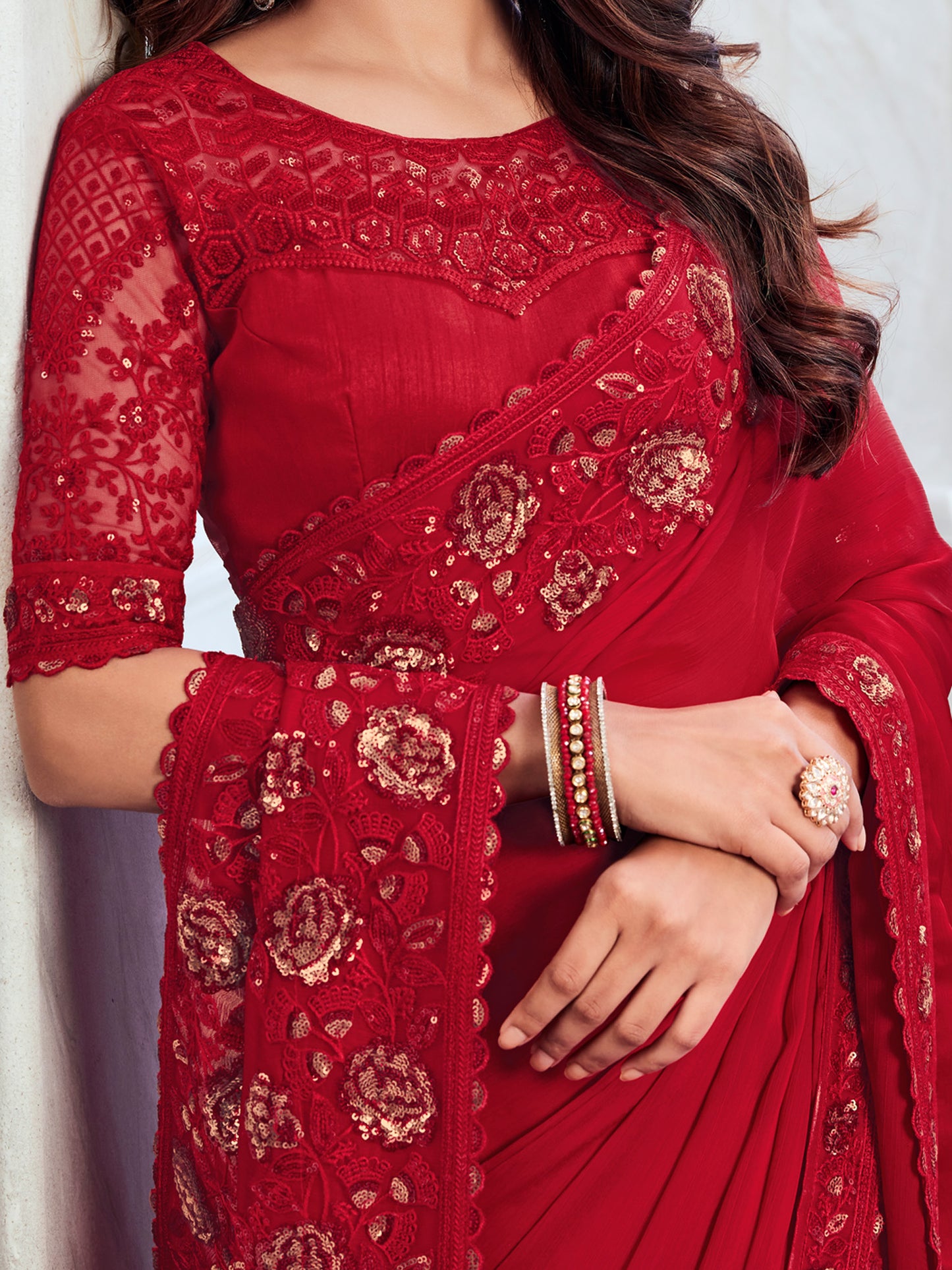 Women's Chiffon Red Embellished Designer Saree With Blouse Piece