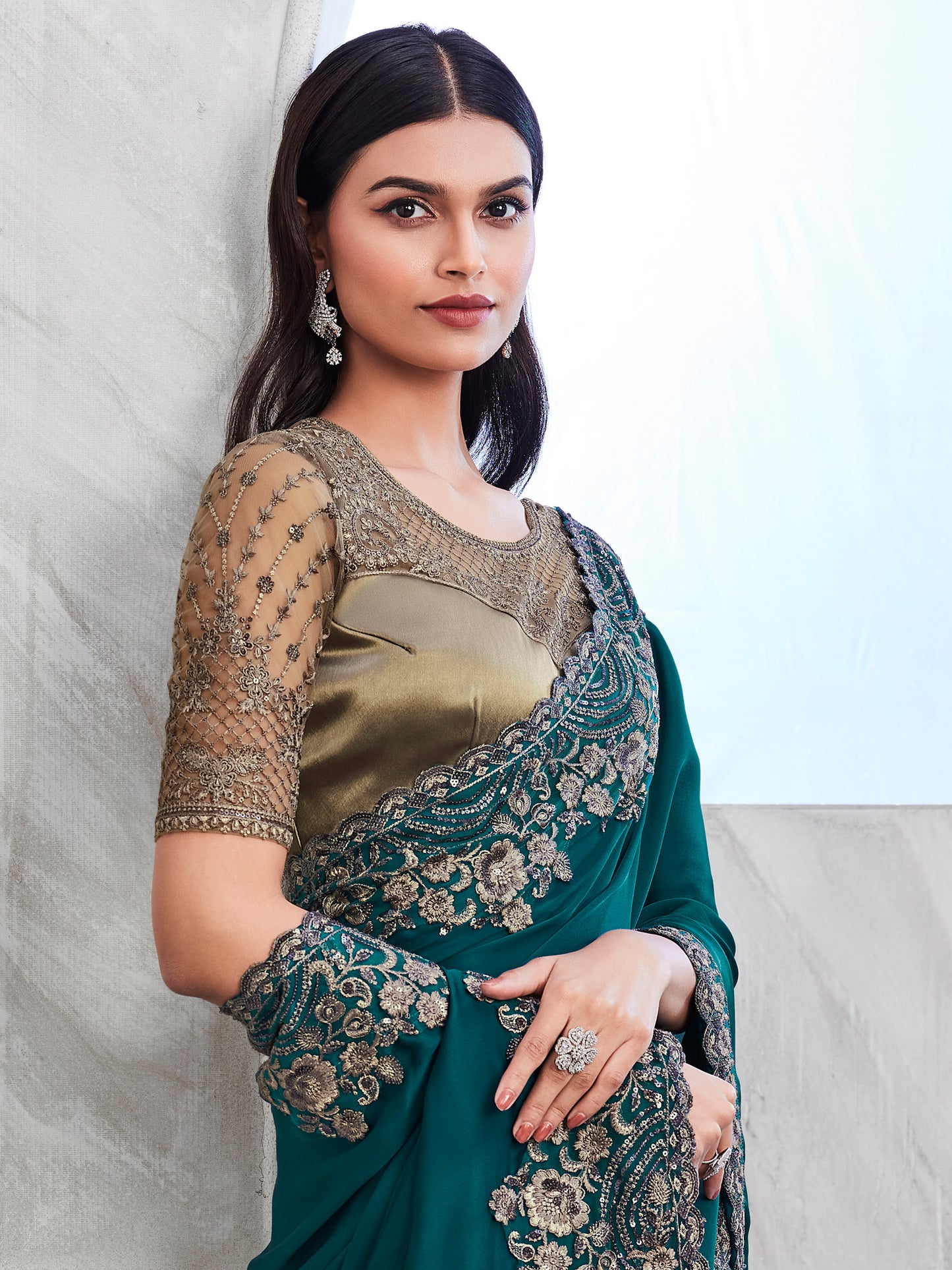 Women's Satin Silk Teal blue Embellished Designer Saree With Blouse Piece