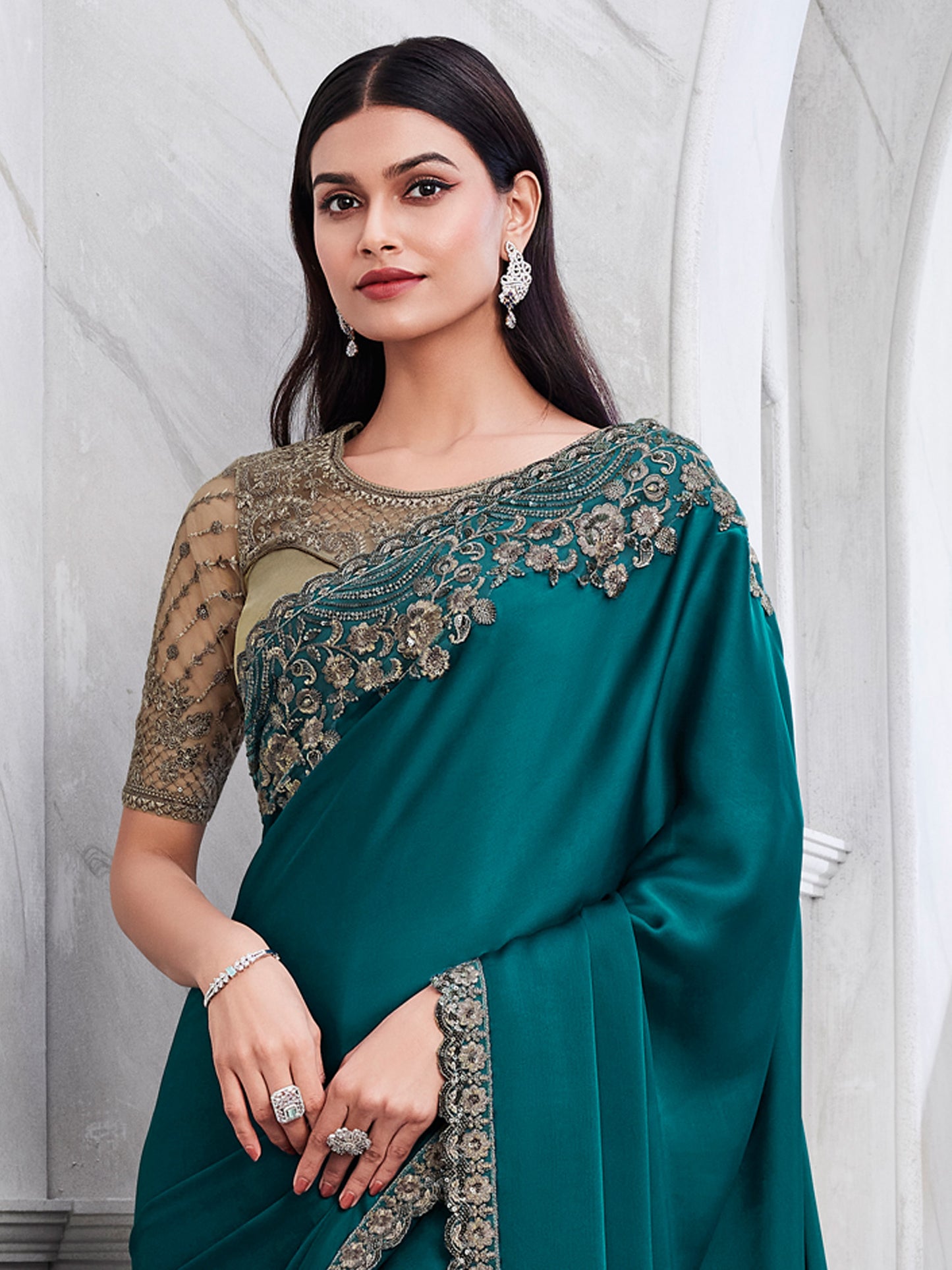 Women's Satin Silk Teal blue Embellished Designer Saree With Blouse Piece