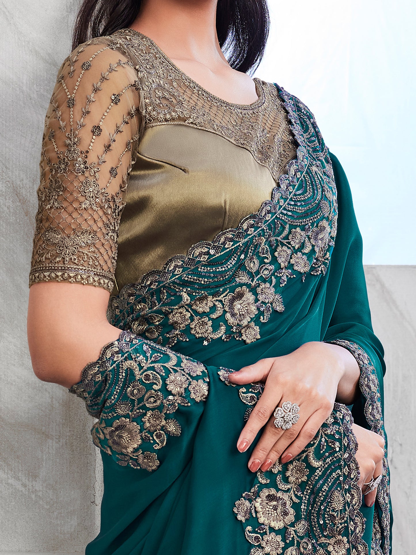 Women's Satin Silk Teal blue Embellished Designer Saree With Blouse Piece