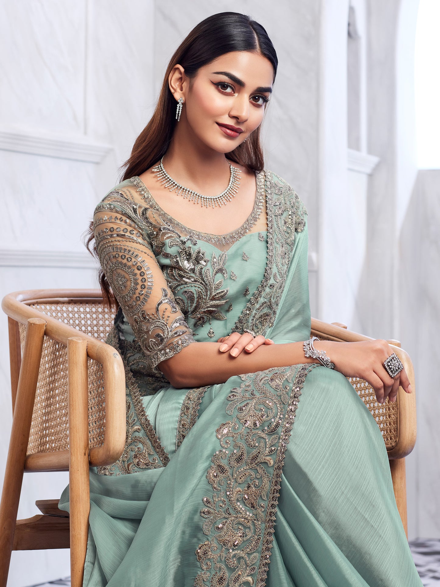 Women's Chiffon Sea Green Embellished Designer Saree With Blouse Piece