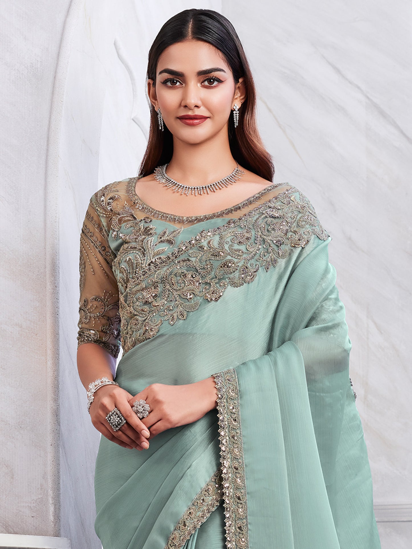 Women's Chiffon Sea Green Embellished Designer Saree With Blouse Piece