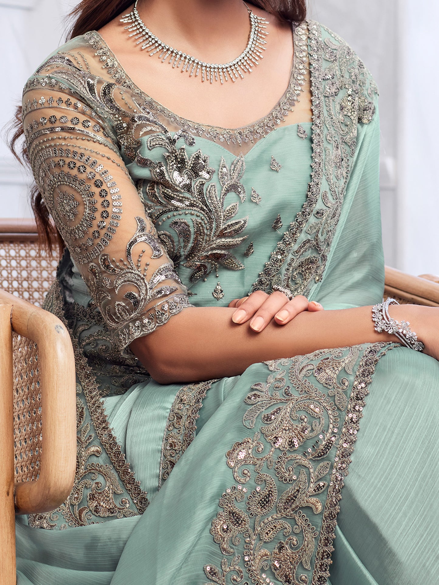Women's Chiffon Sea Green Embellished Designer Saree With Blouse Piece
