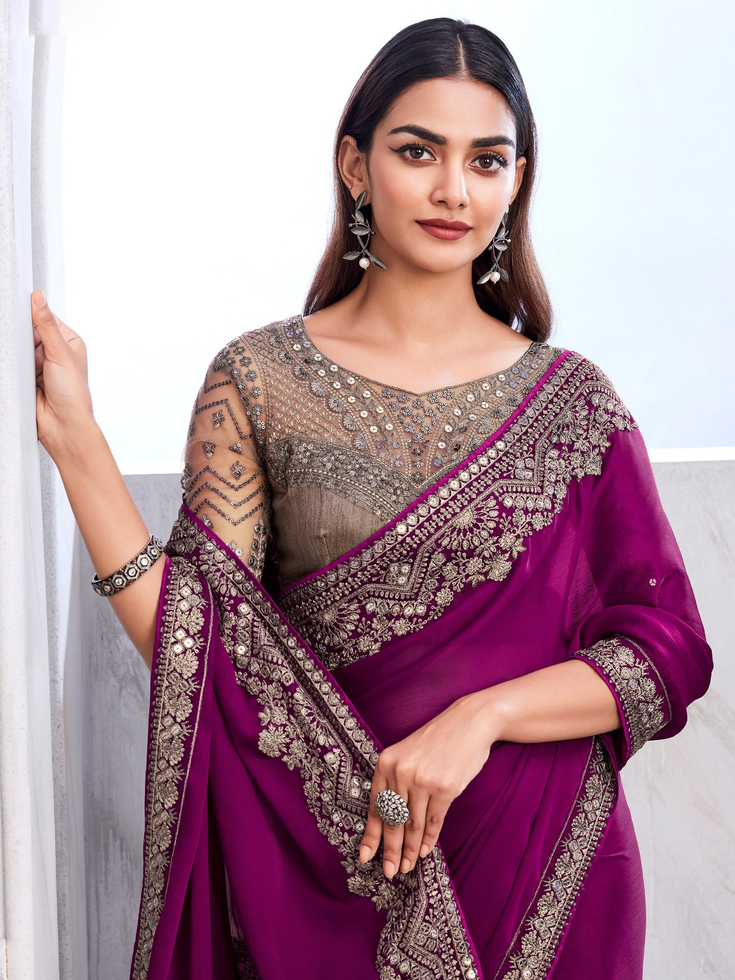 Women's Satin Silk Magenta Embellished Designer Saree With Blouse Piece