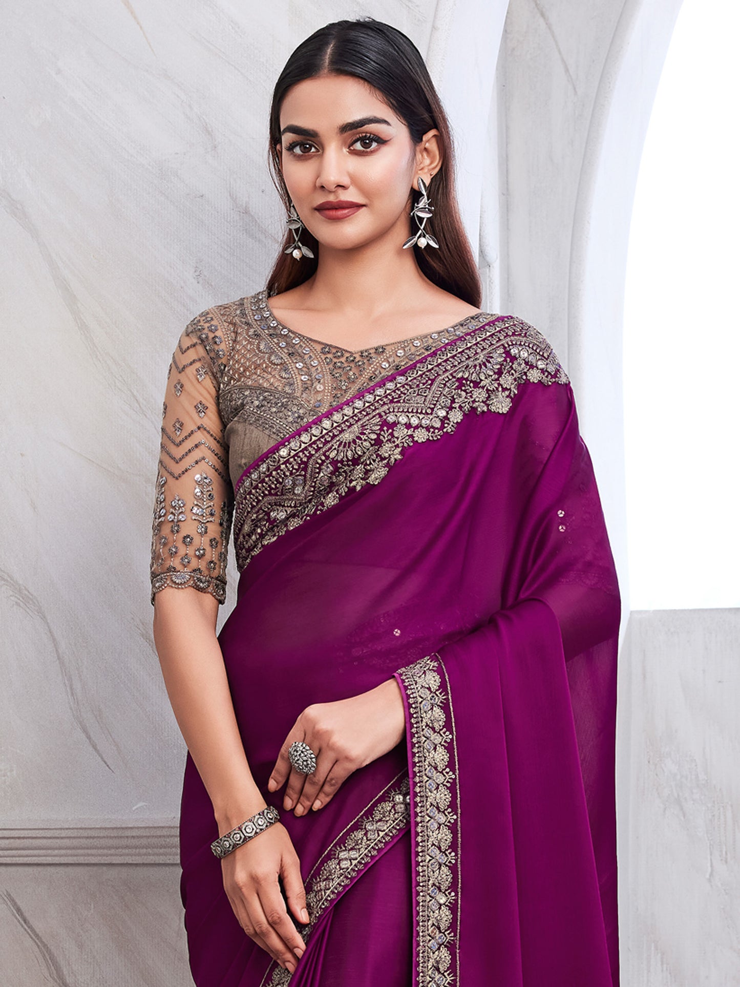 Women's Satin Silk Magenta Embellished Designer Saree With Blouse Piece