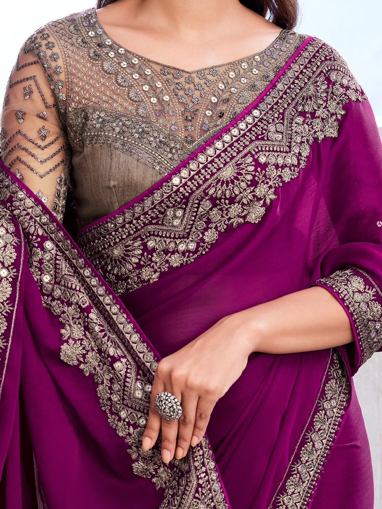 Women's Satin Silk Magenta Embellished Designer Saree With Blouse Piece