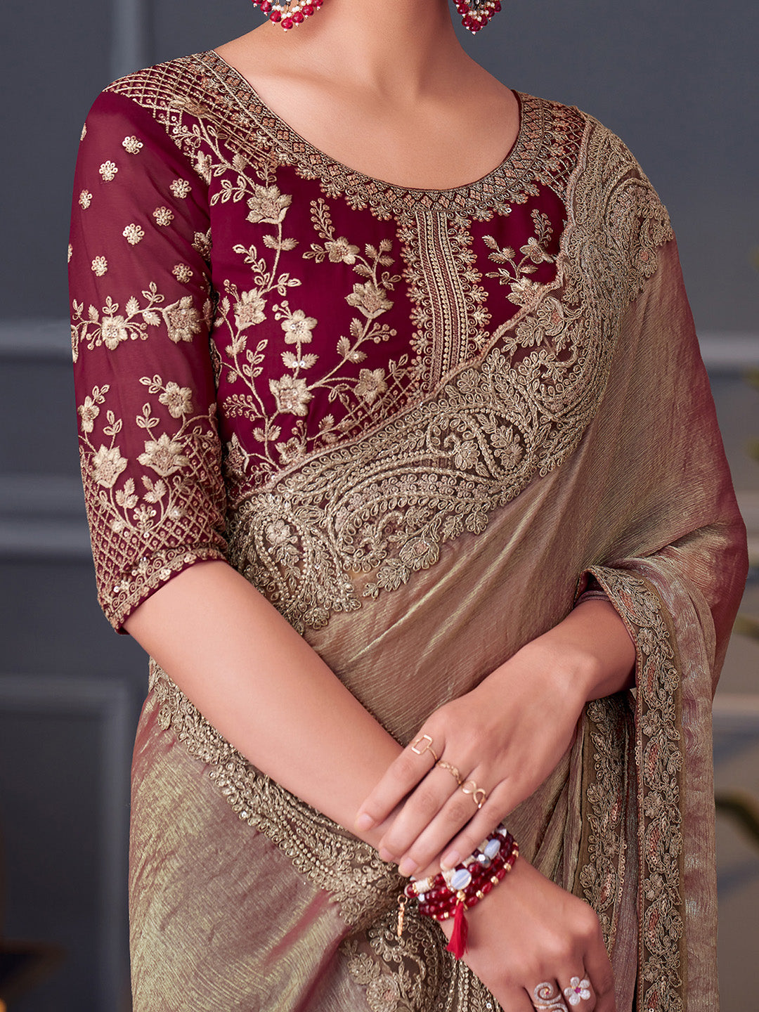 Women's Pure Chiffon Burgundy Embellished Designer Saree With Blouse Piece