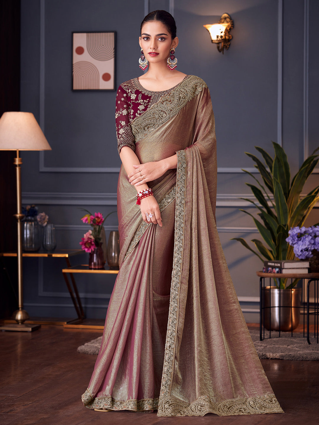Women's Pure Chiffon Burgundy Embellished Designer Saree With Blouse Piece