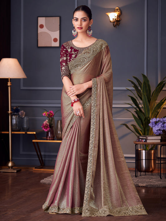 Women's Pure Chiffon Burgundy Embellished Designer Saree With Blouse Piece