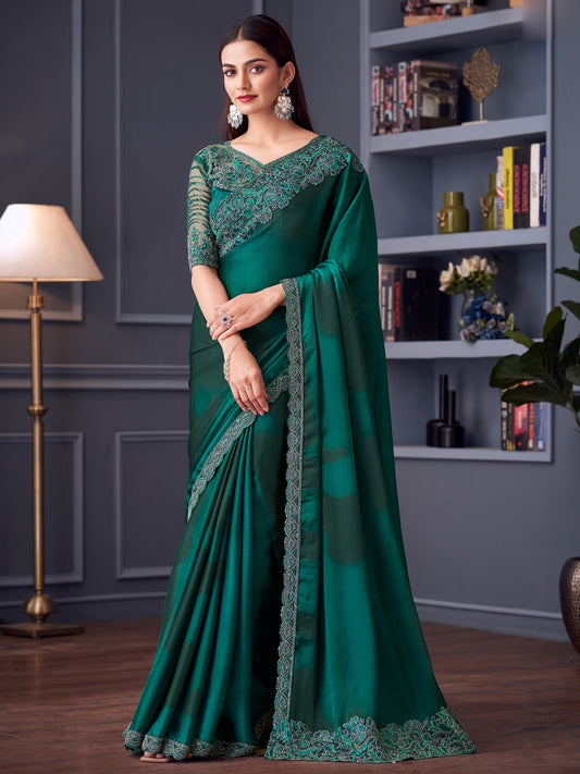 Women's Satin Silk Teal blue Embellished Designer Saree With Blouse Piece
