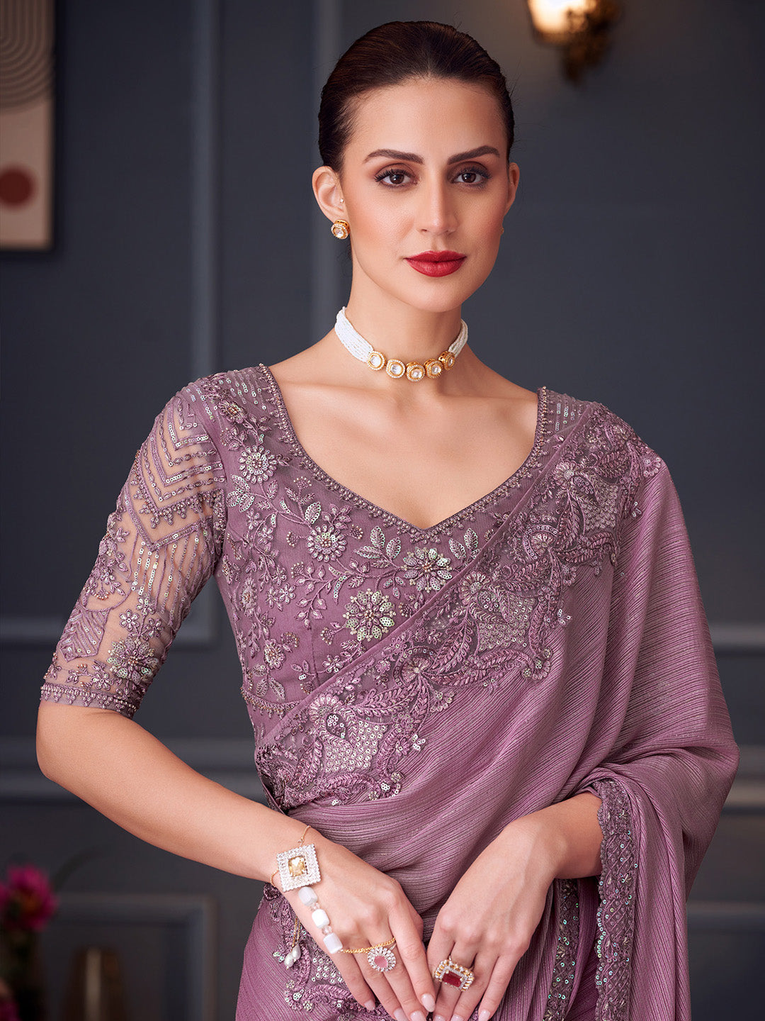 Women's Pure Georgette Mauve Embellished Designer Saree With Blouse Piece