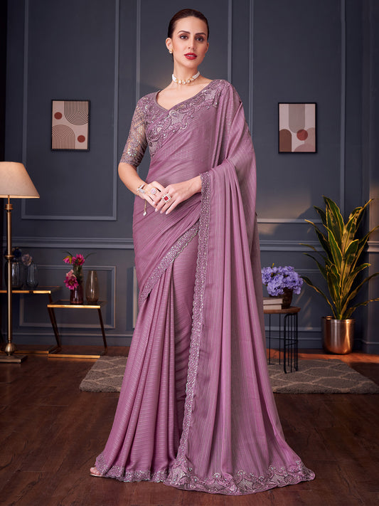 Women's Pure Georgette Mauve Embellished Designer Saree With Blouse Piece