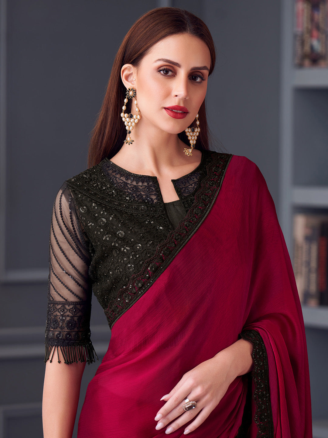 Women's Satin Silk Black Embellished Designer Saree With Blouse Piece