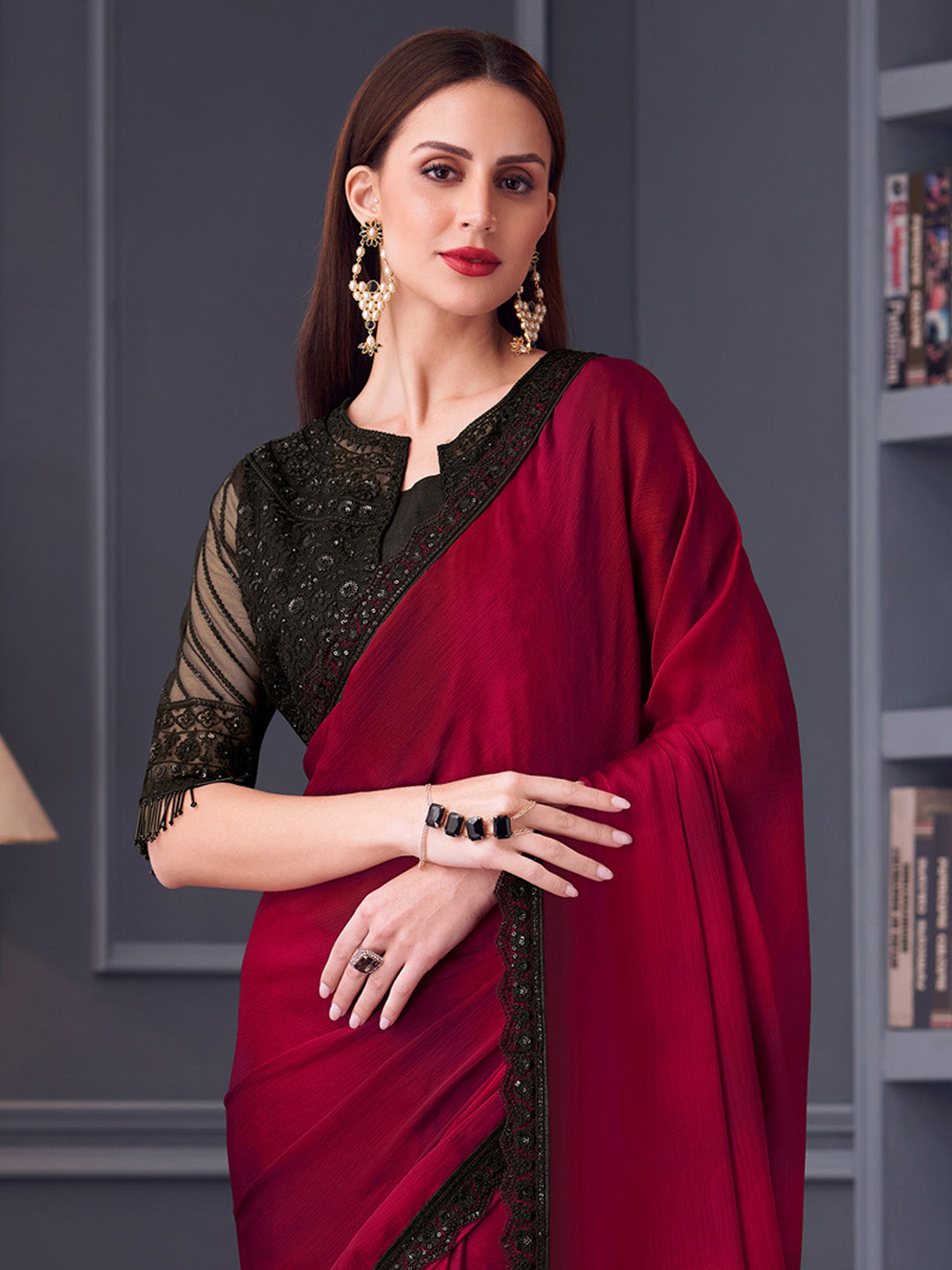 Women's Satin Silk Black Embellished Designer Saree With Blouse Piece