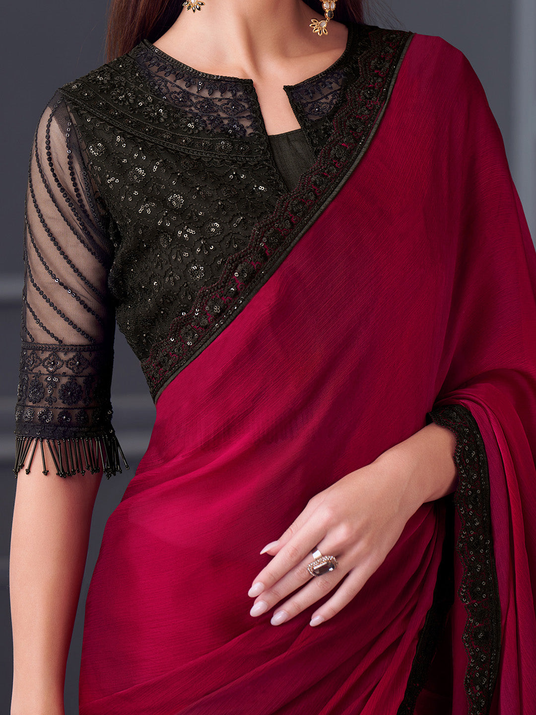 Women's Satin Silk Black Embellished Designer Saree With Blouse Piece