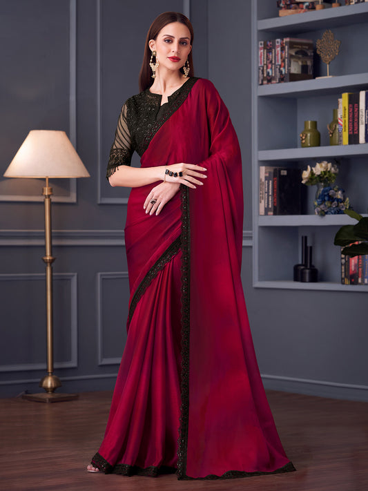 Women's Satin Silk Black Embellished Designer Saree With Blouse Piece