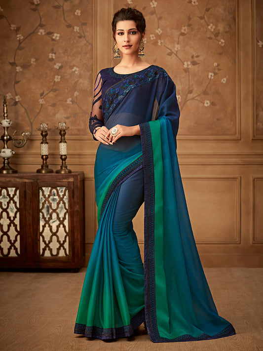 Women's Pure Chiffon Teal blue Embellished Designer Saree With Blouse Piece