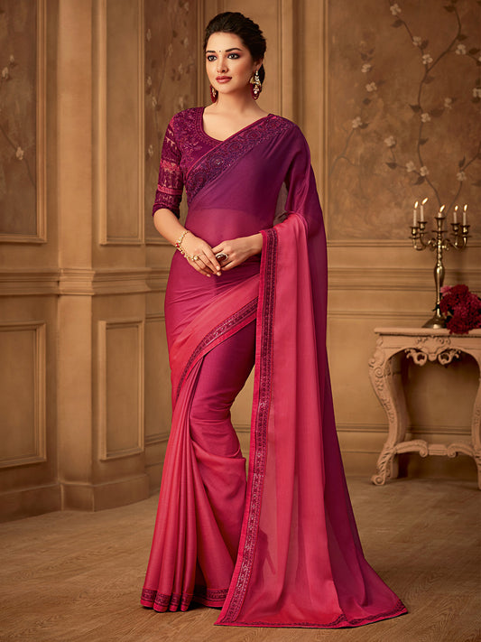 Women's Pure Chiffon Magenta Embellished Designer Saree With Blouse Piece