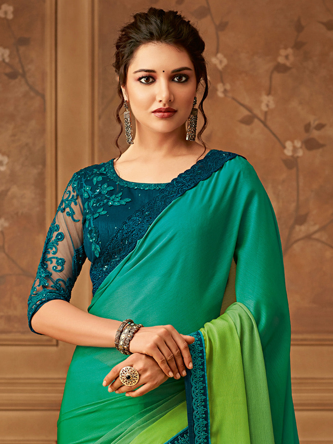 Women's Pure Chiffon Green Embellished Designer Saree With Blouse Piece