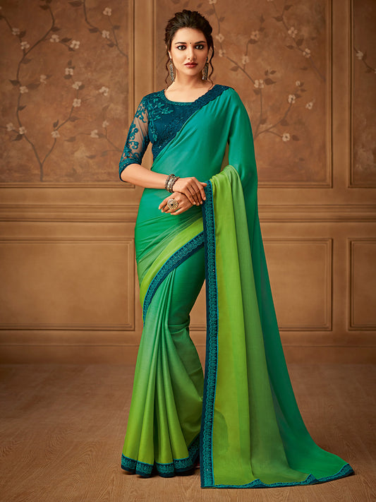 Women's Pure Chiffon Green Embellished Designer Saree With Blouse Piece