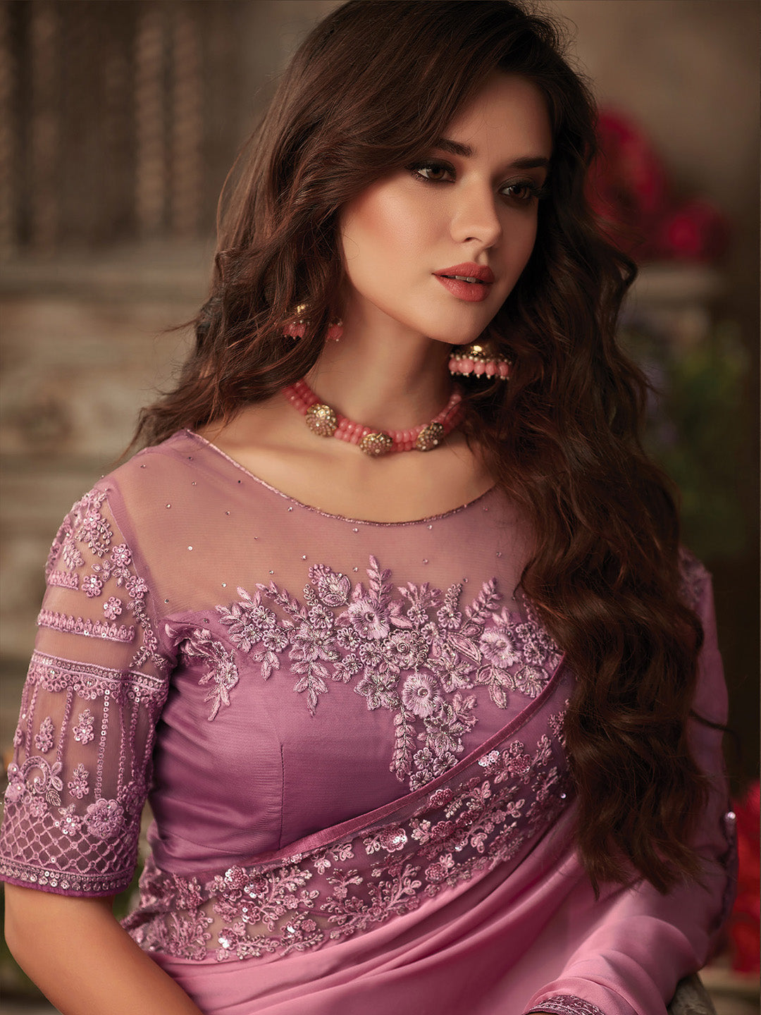 Women's Satin Silk Mauve Embellished Designer Saree With Blouse Piece