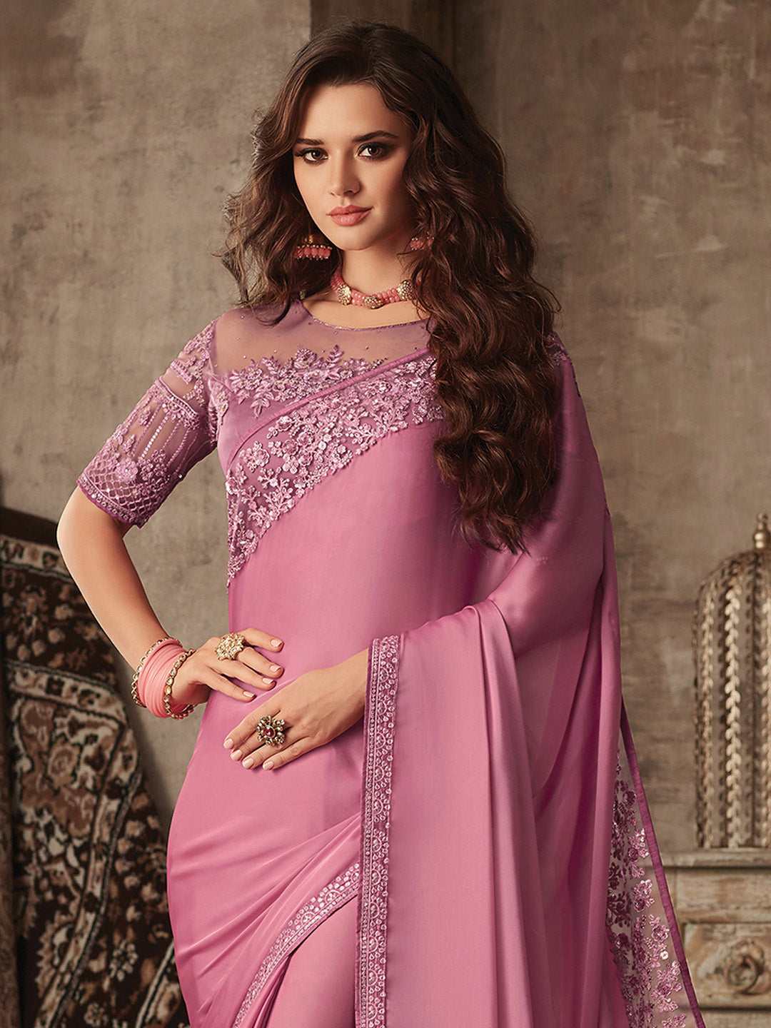 Women's Satin Silk Mauve Embellished Designer Saree With Blouse Piece