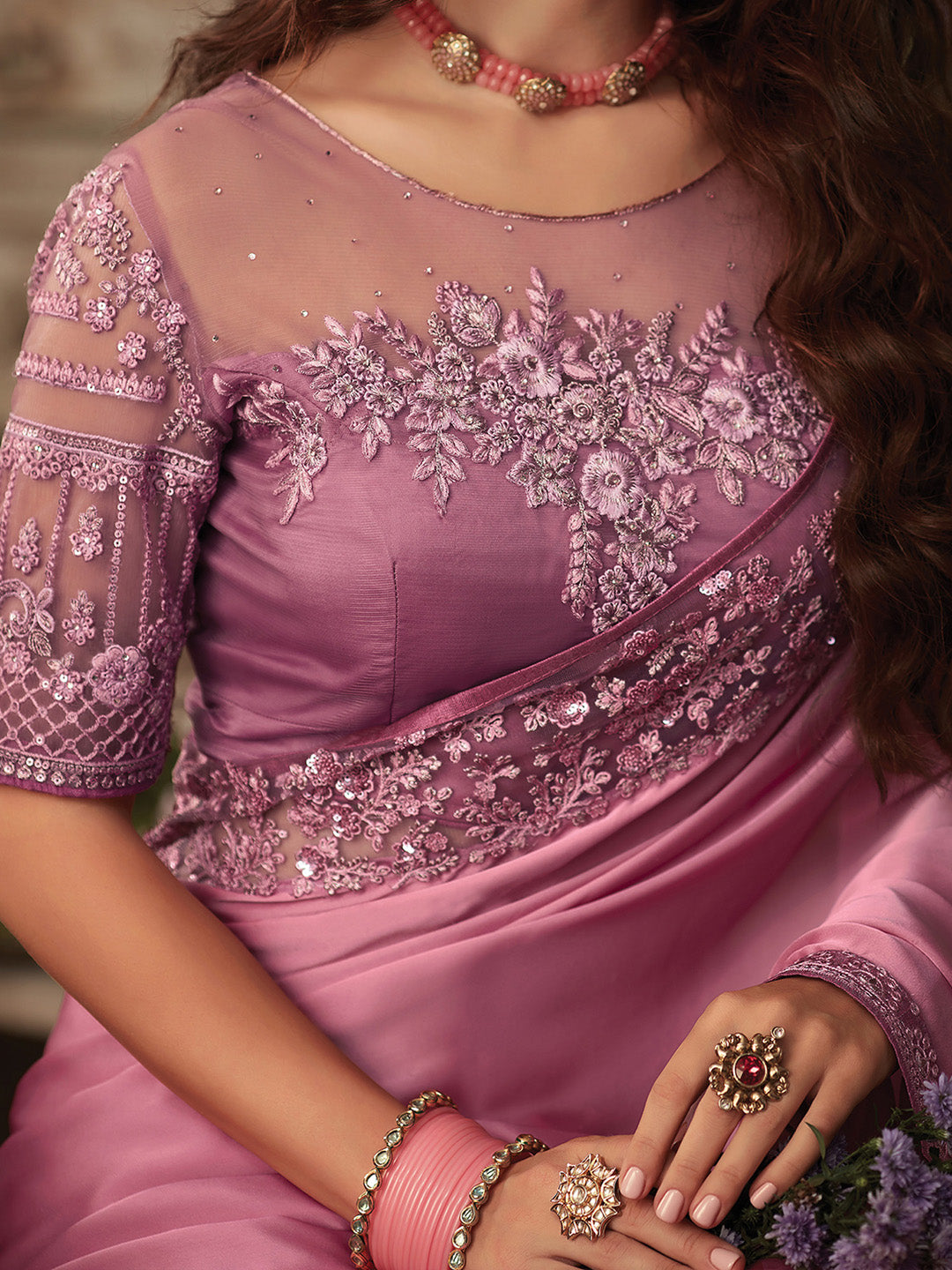 Women's Satin Silk Mauve Embellished Designer Saree With Blouse Piece