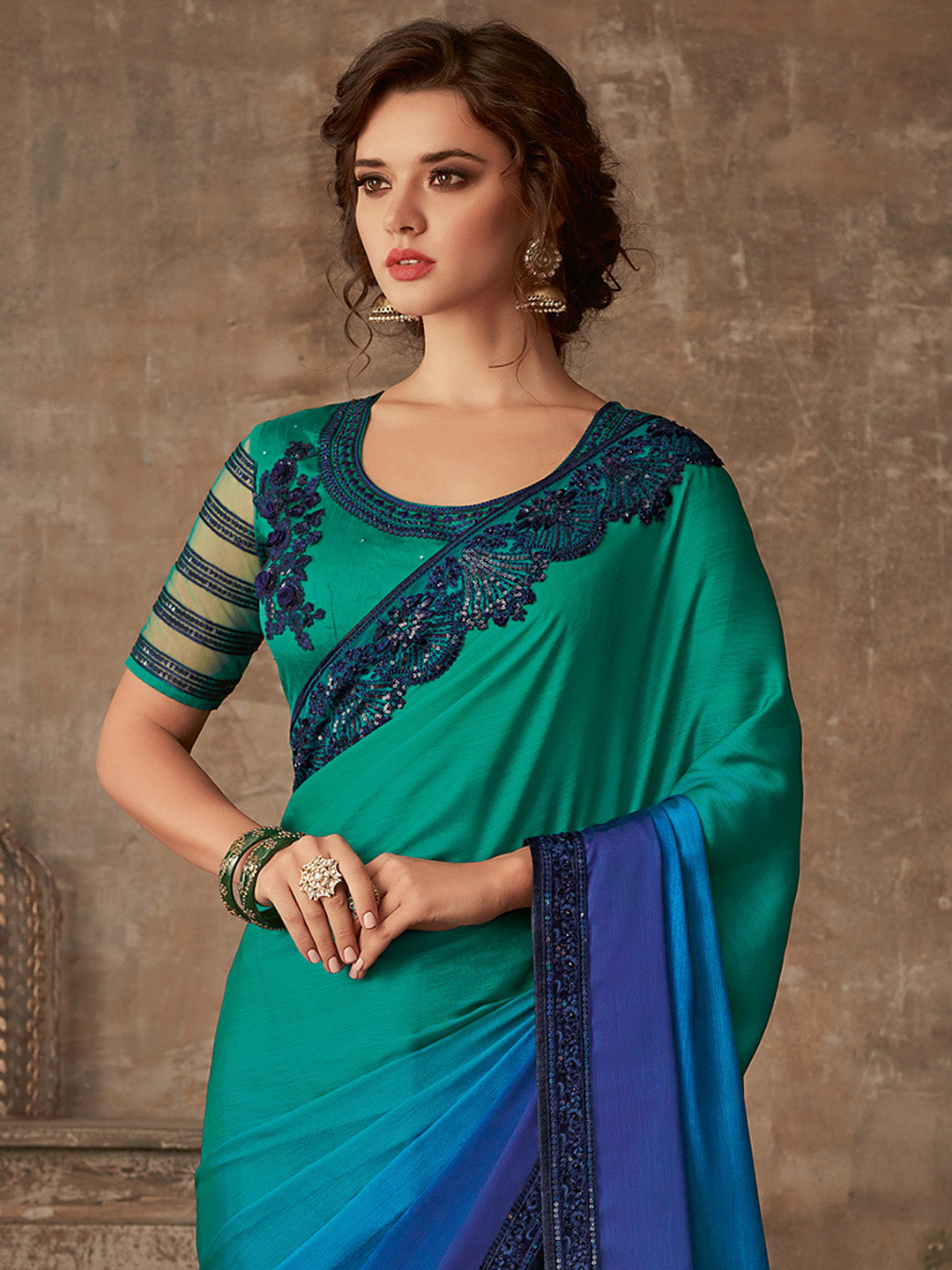 Women's Pure Chiffon Teal blue Embellished Designer Saree With Blouse Piece