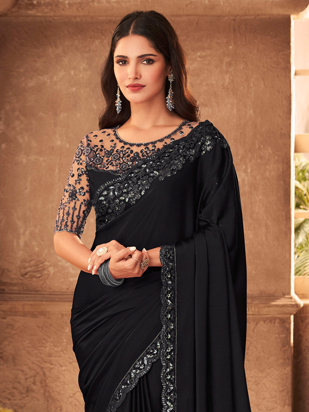 Women's Pure Chiffon Black Embellished Designer Saree With Blouse Piece