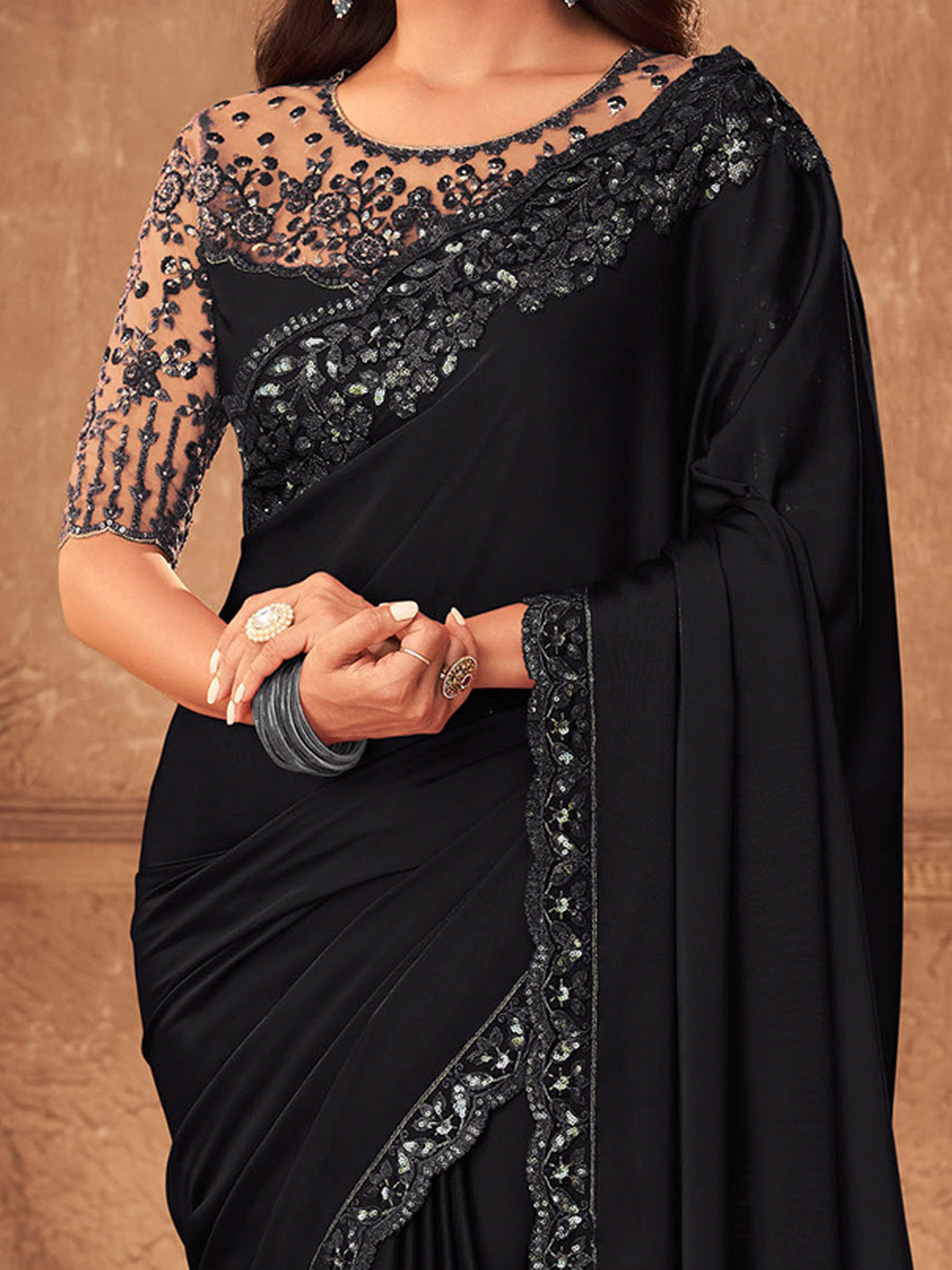 Women's Pure Chiffon Black Embellished Designer Saree With Blouse Piece