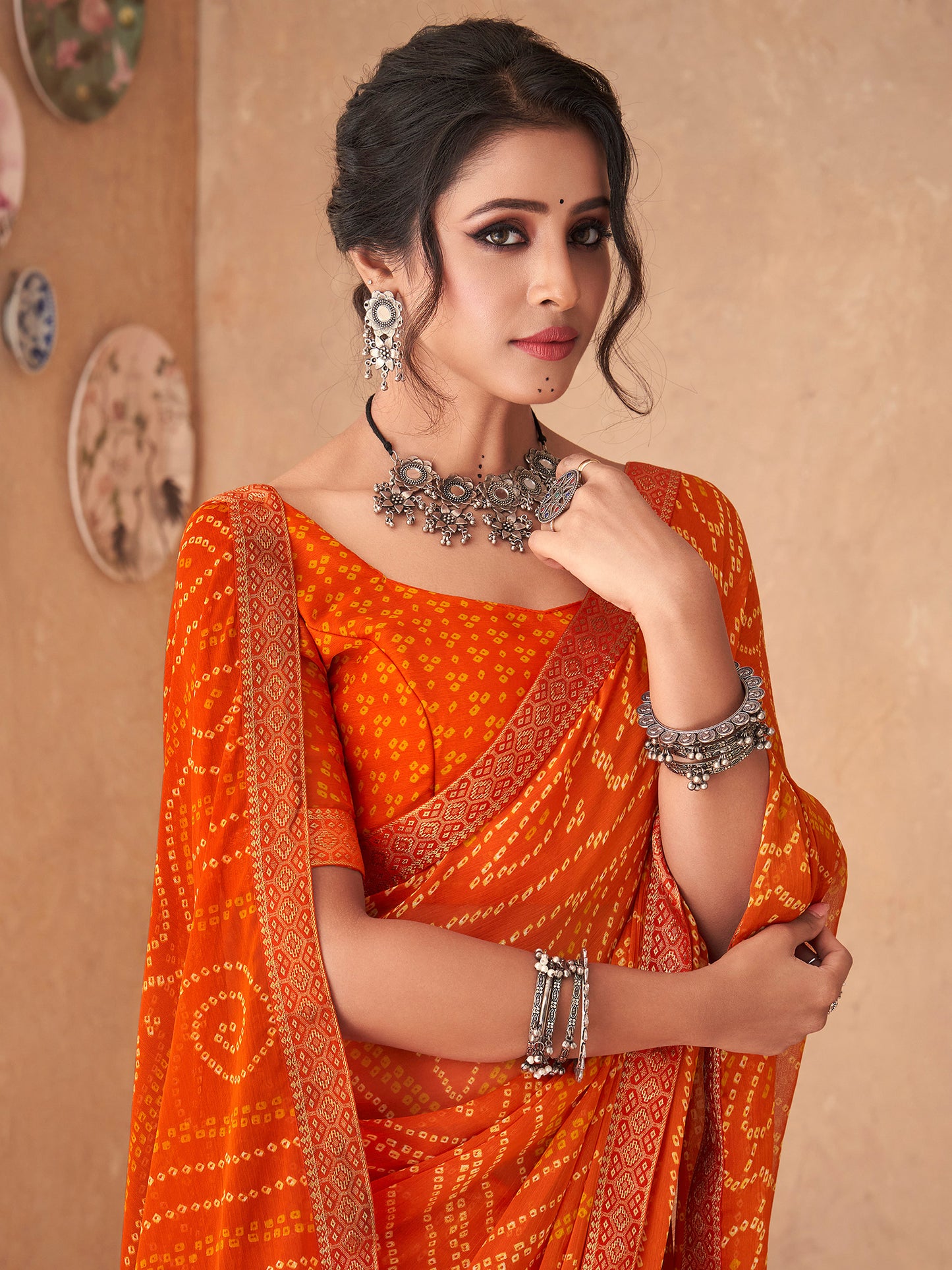 Women's Chiffon Orange Embellished Designer Saree With Blouse Piece