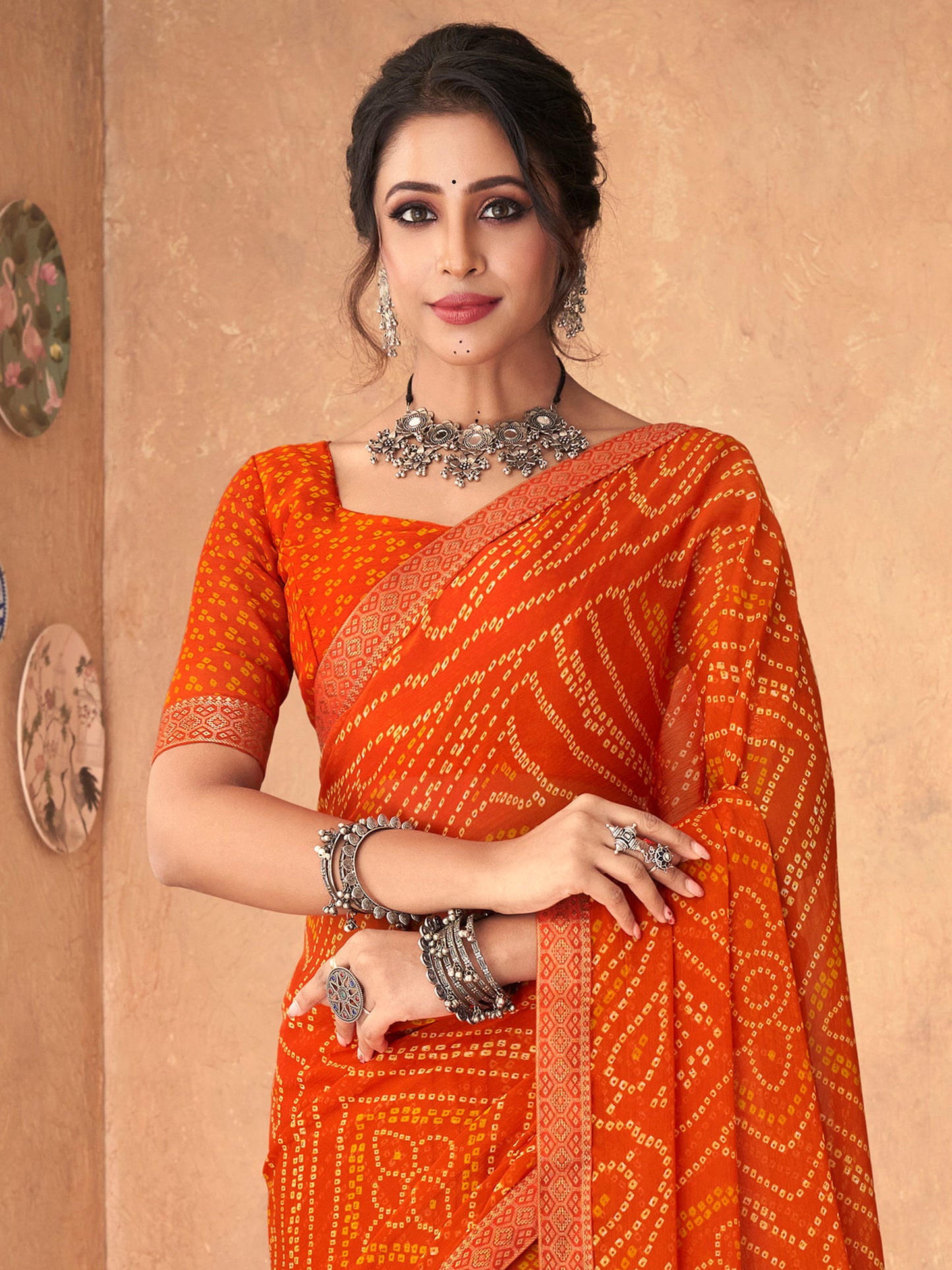 Women's Chiffon Orange Embellished Designer Saree With Blouse Piece