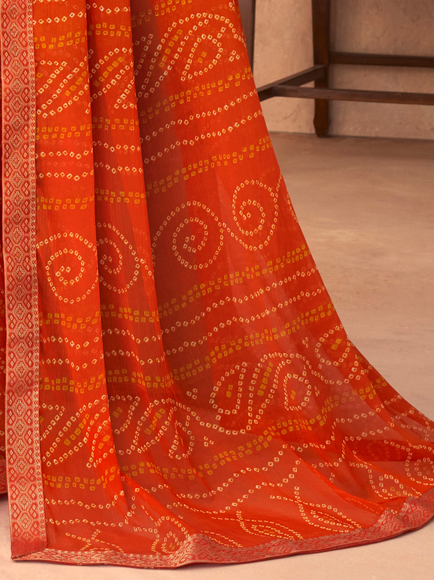Women's Chiffon Orange Embellished Designer Saree With Blouse Piece