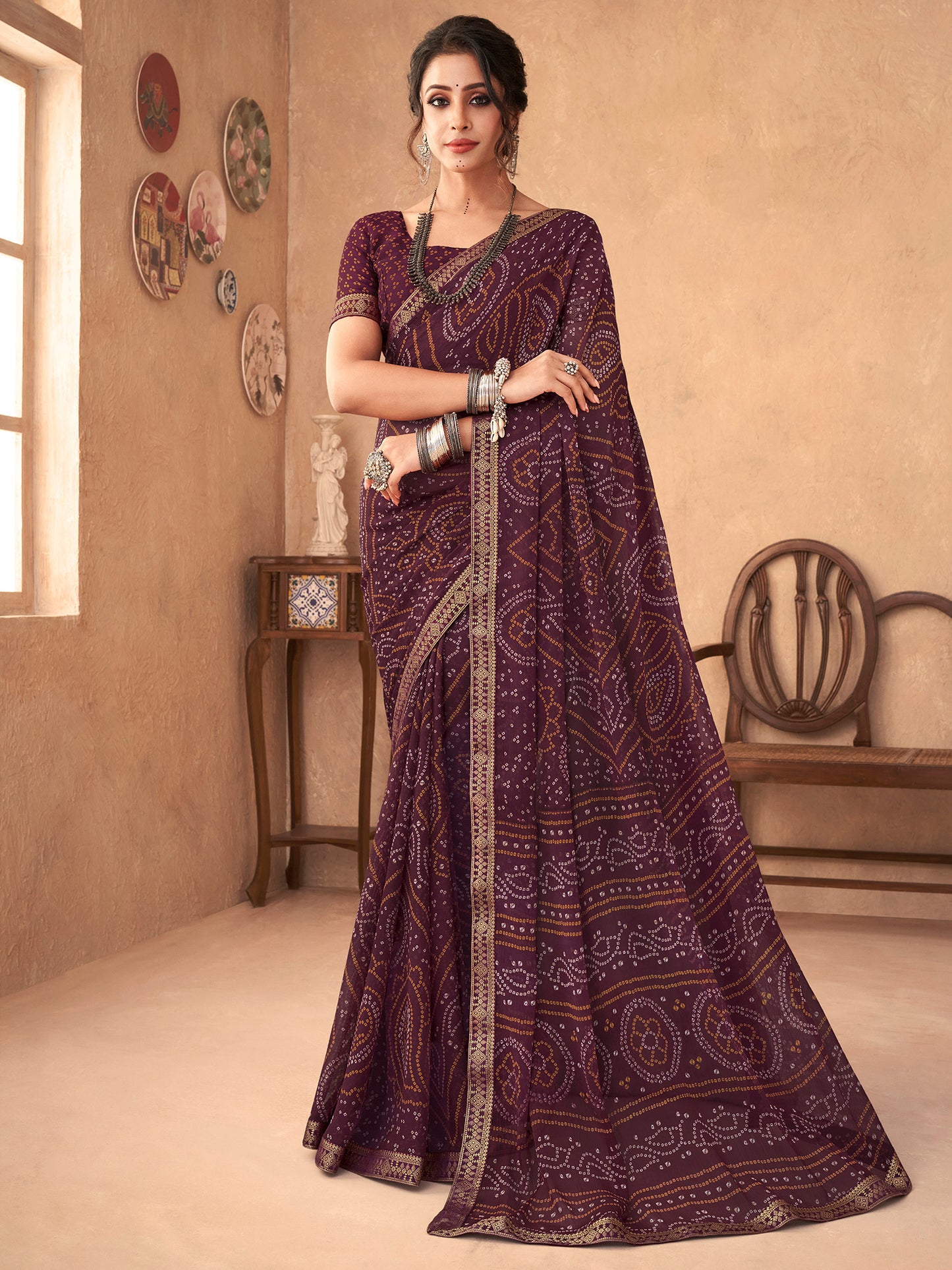 Women's Chiffon Purple Embellished Designer Saree With Blouse Piece