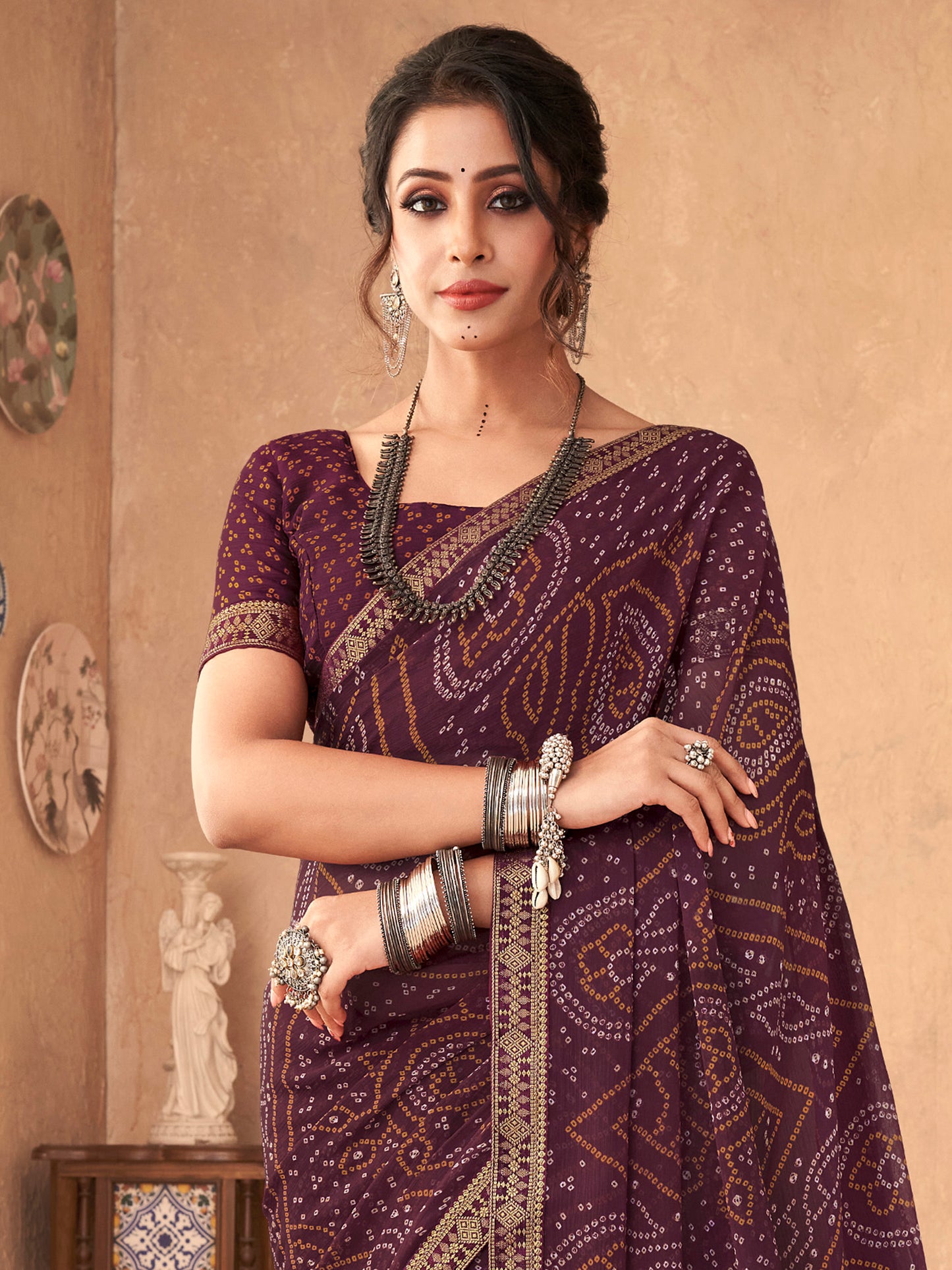 Women's Chiffon Purple Embellished Designer Saree With Blouse Piece
