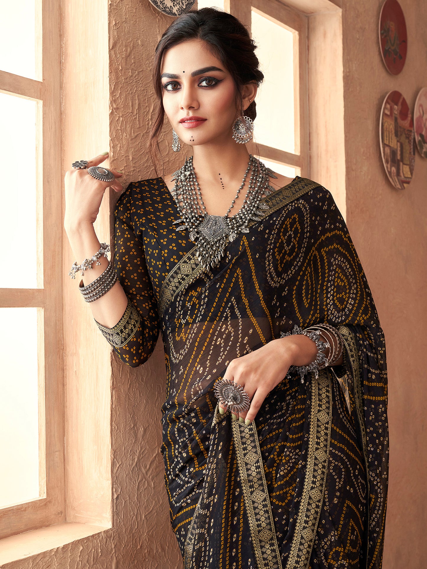 Women's Chiffon Black Embellished Designer Saree With Blouse Piece