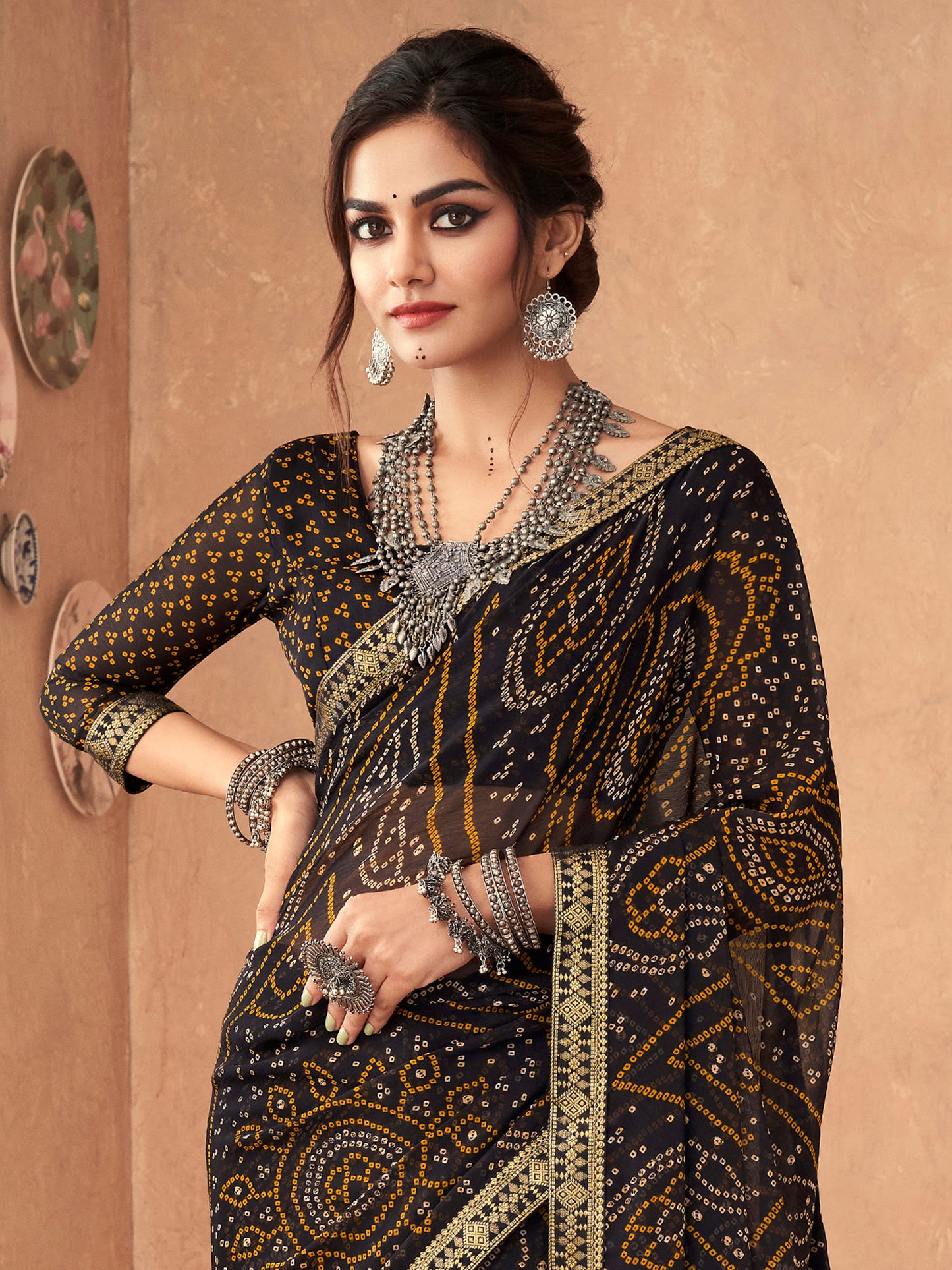 Women's Chiffon Black Embellished Designer Saree With Blouse Piece