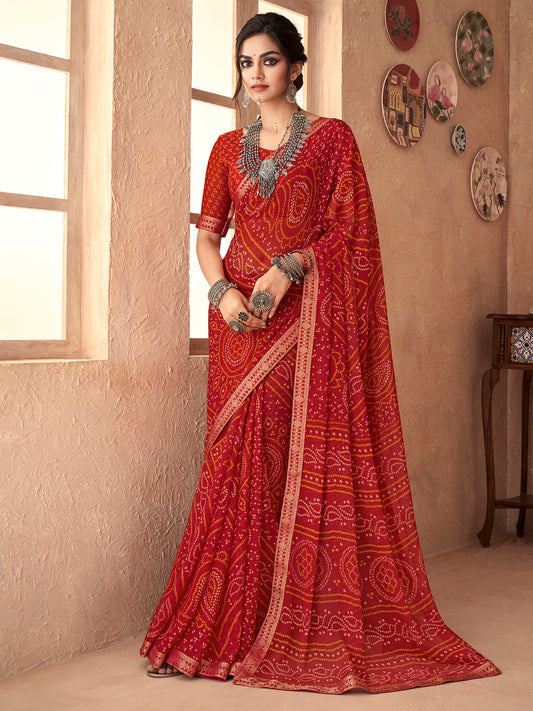 Women's Chiffon Red Embellished Designer Saree With Blouse Piece