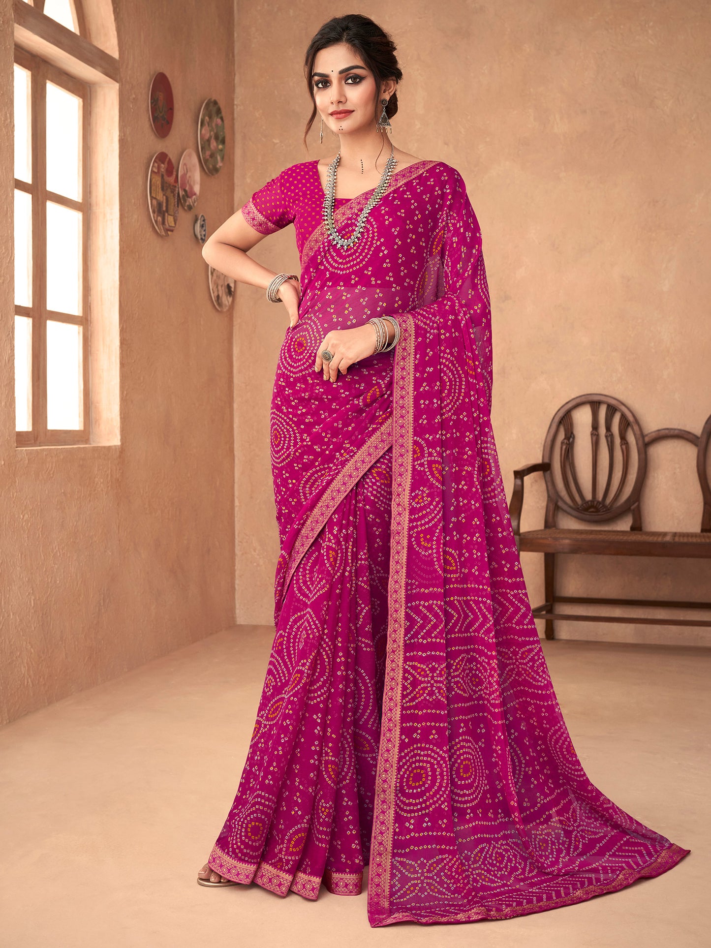 Women's Chiffon Pink Embellished Designer Saree With Blouse Piece