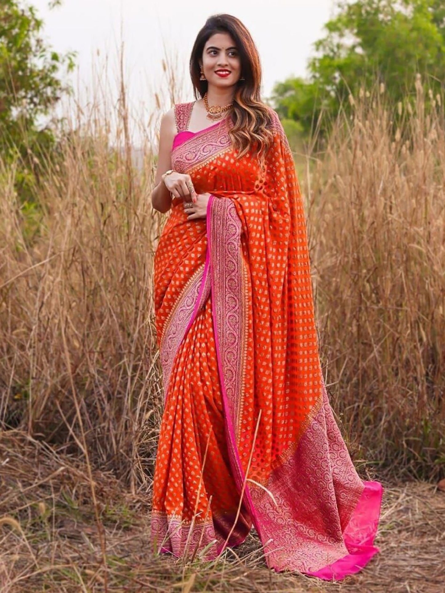 Women's Silk Blend Orange Woven Design Designer Saree With Blouse Piece
