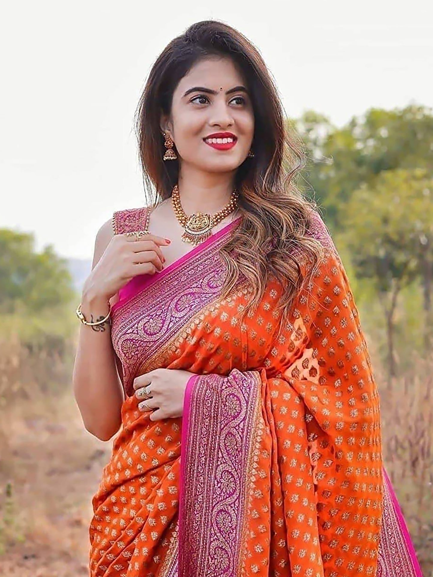 Women's Silk Blend Orange Woven Design Designer Saree With Blouse Piece