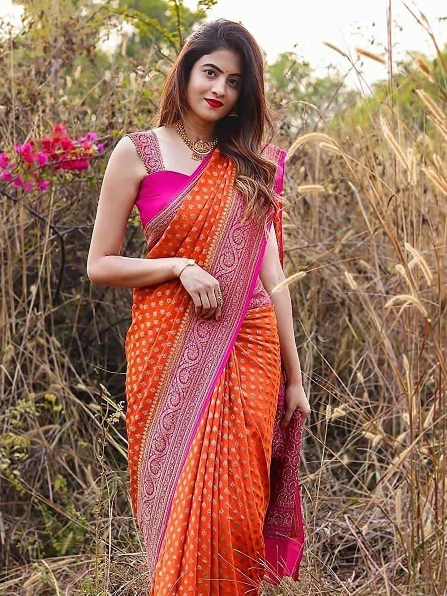 Women's Silk Blend Orange Woven Design Designer Saree With Blouse Piece