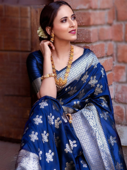 Women's Silk Blend Blue Woven Design Designer Saree With Blouse Piece