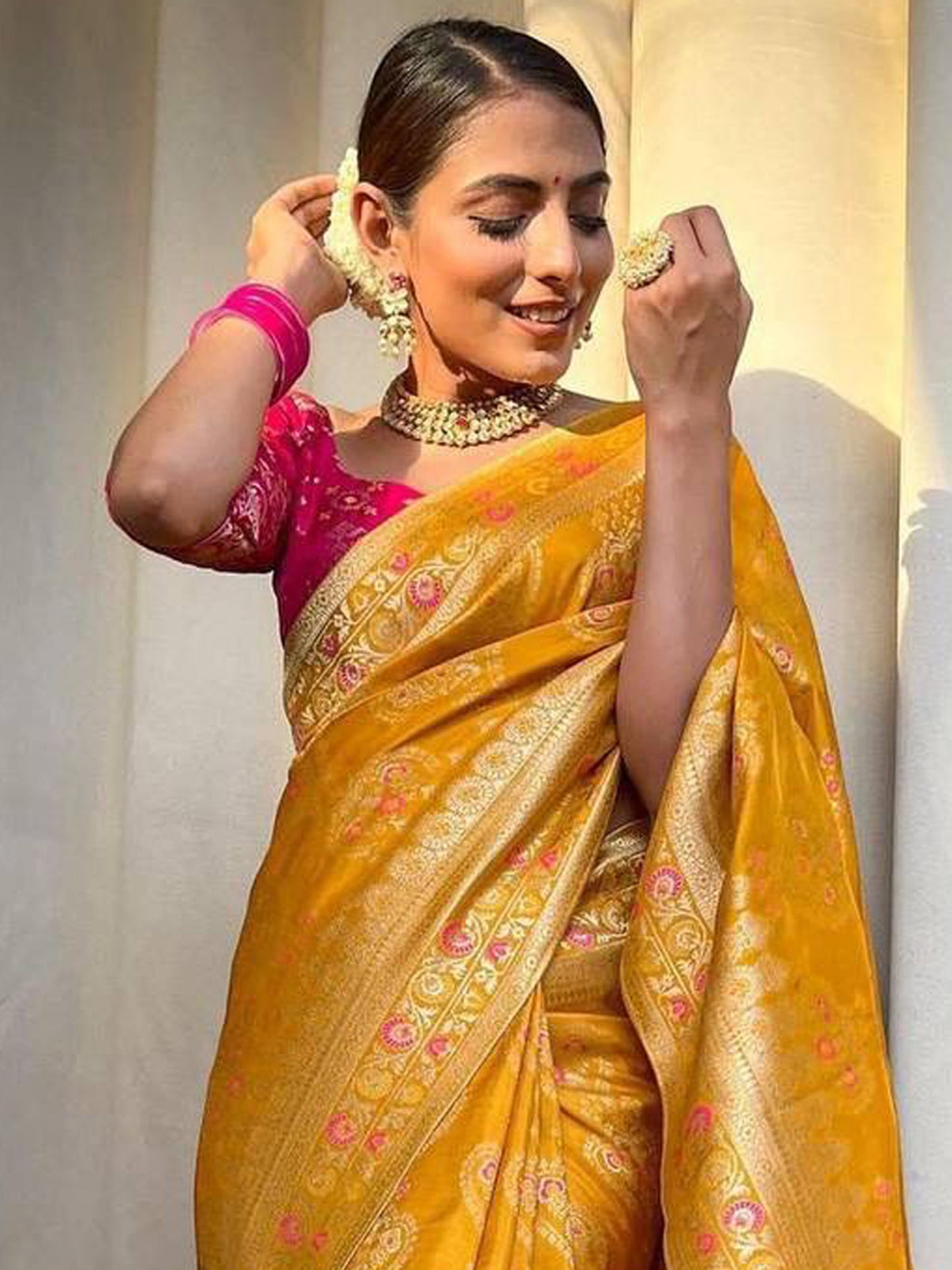 Women's Silk Blend Yellow Woven Design Designer Saree With Blouse Piece