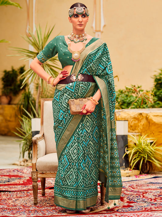 Women's Tussar Silk Sea Green Printed Designer Saree With Blouse Piece