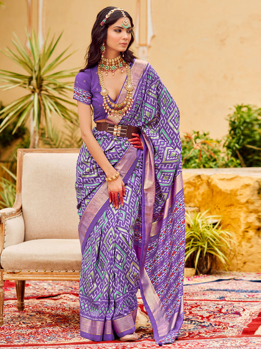 Women's Tussar Silk Lavendar Printed Designer Saree With Blouse Piece